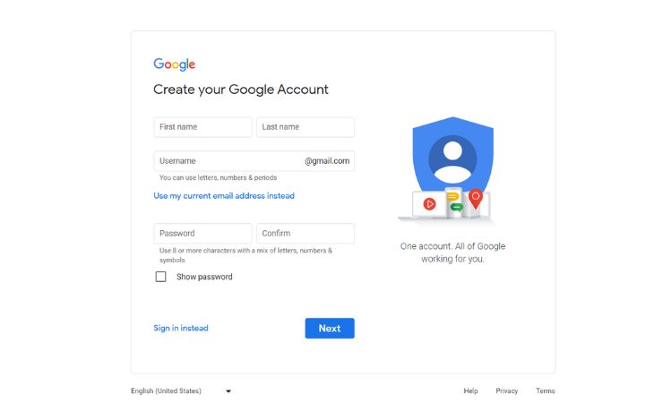 fill form to create new gmail account