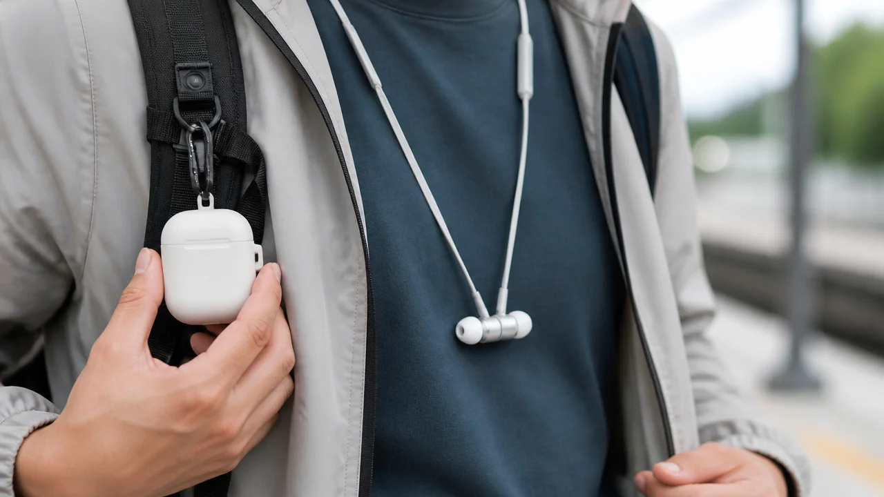 AirPods case clipped to a backpack strap with earbuds on a neck strap for anti-loss