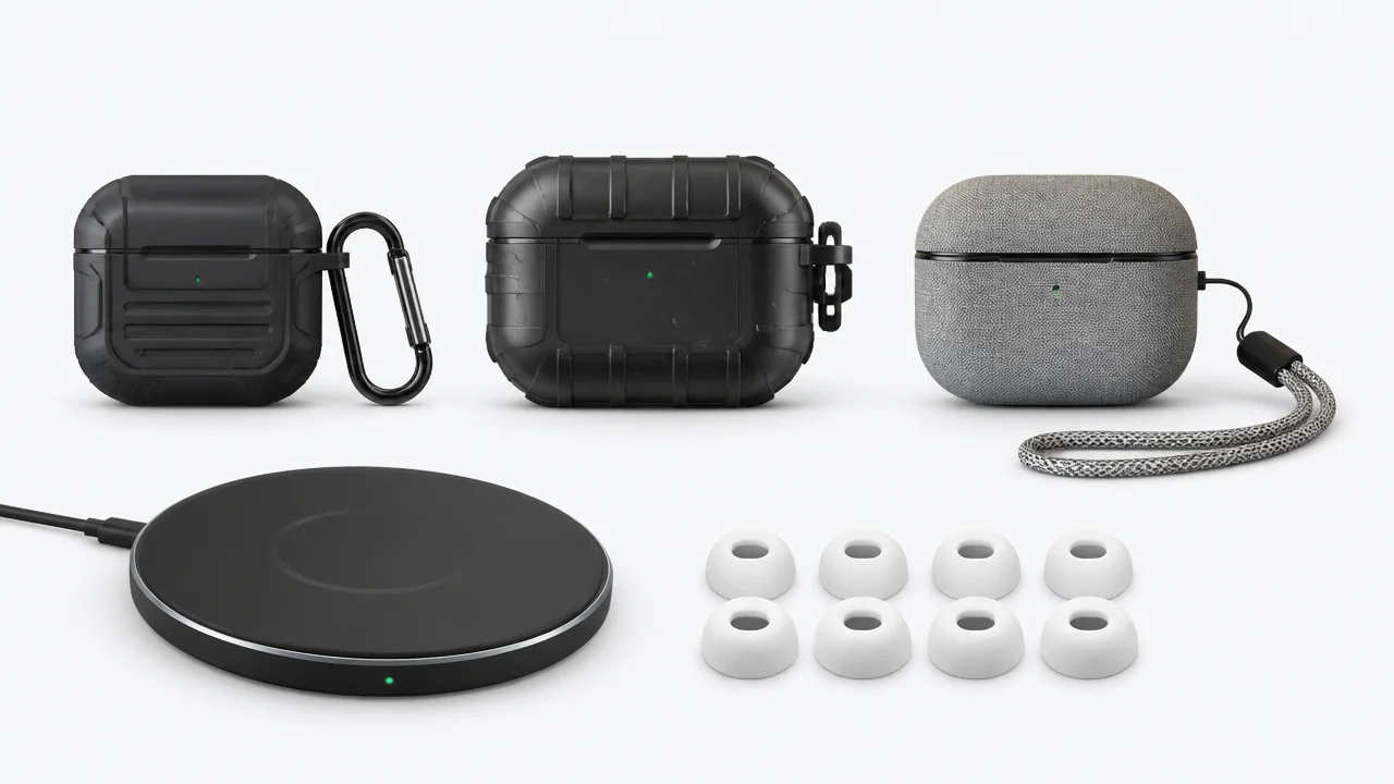 Different AirPods protective cases with a wireless charging pad and foam ear tips