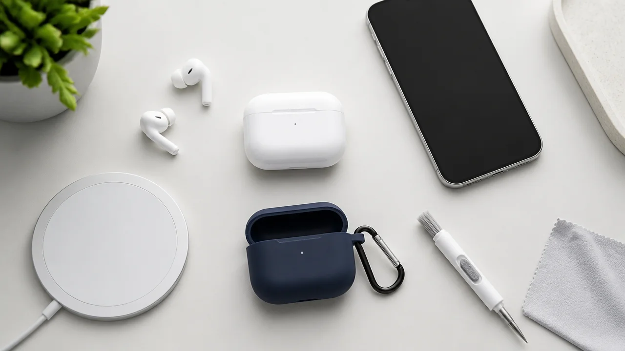 AirPods with iPhone, wireless charger, case cover and cleaning tool on a desk