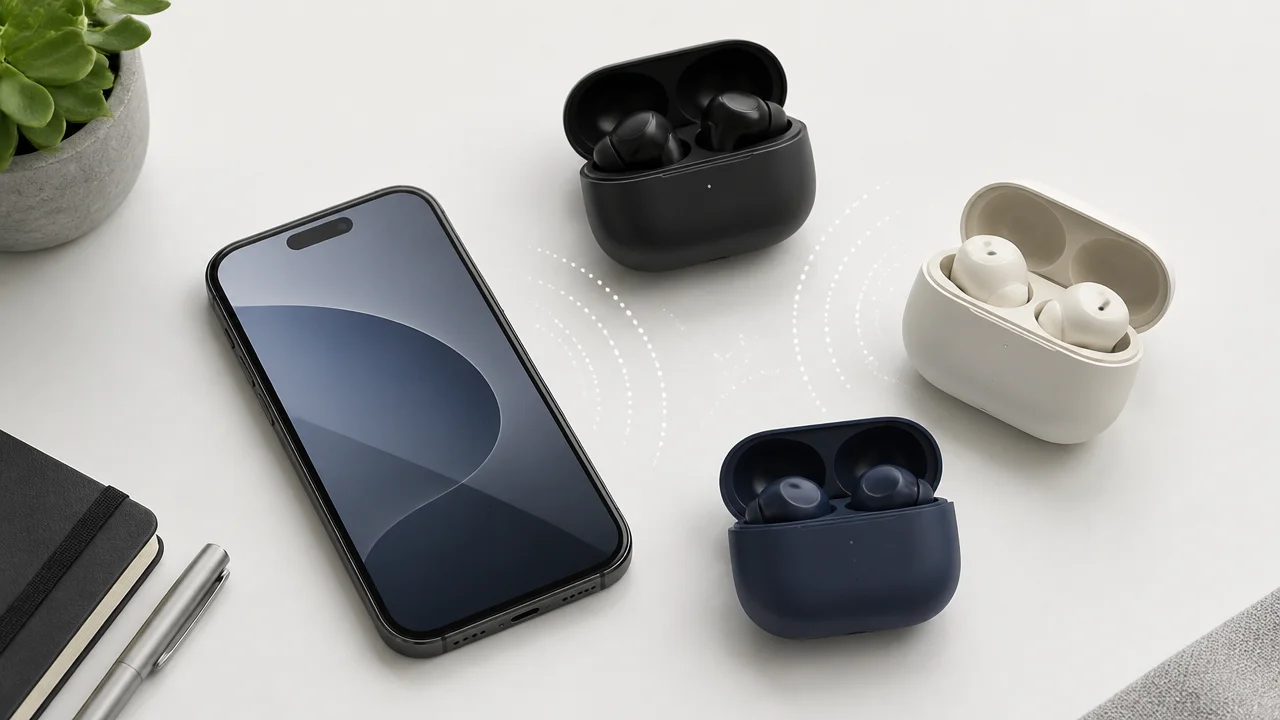 iPhone on a desk with three different wireless earbuds cases representing AirPods alternatives