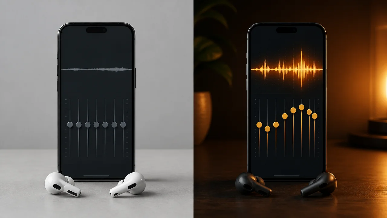 Before and after look of iPhone equalizer settings with wireless earbuds