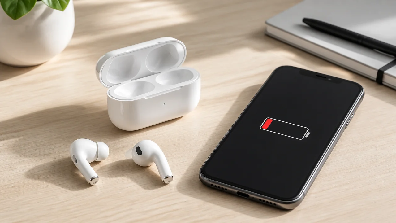 Wireless earbuds and charging case next to a phone showing low battery