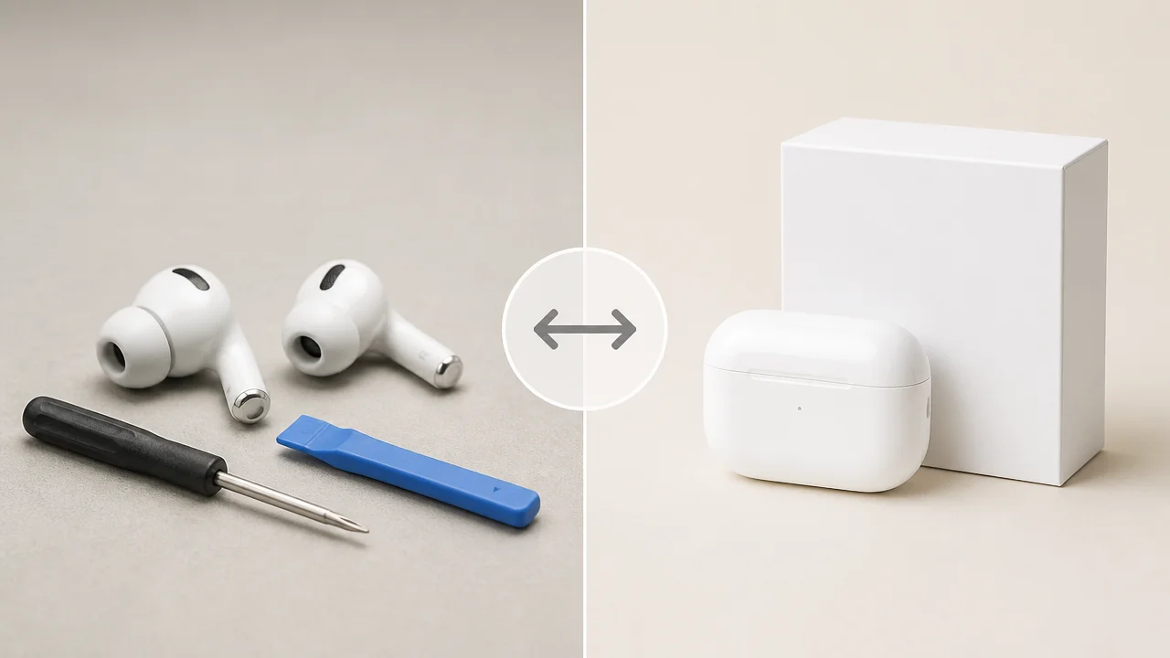 Wireless earbuds with small repair tools on one side and a charging case with a plain box on the other