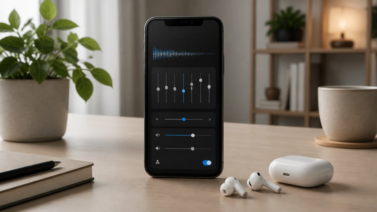 iPhone with audio settings and wireless earbuds on a desk