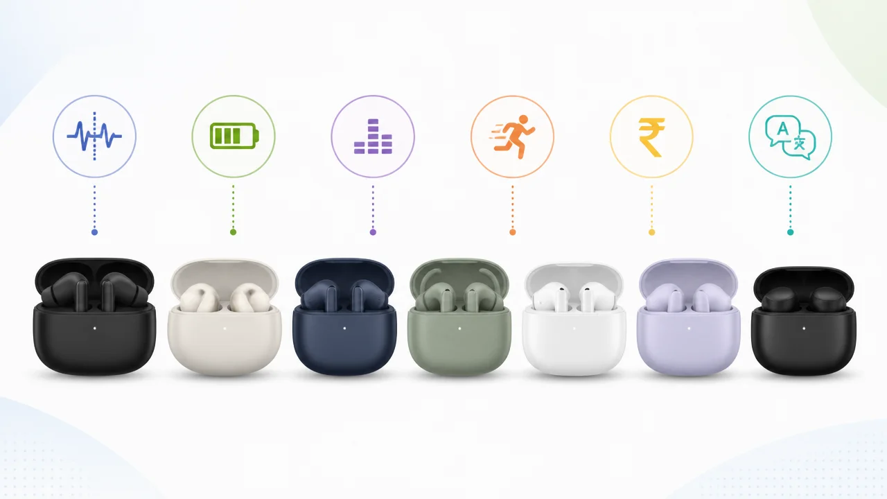 Row of wireless earbuds cases with icons for battery, sound, fitness, price and translation features