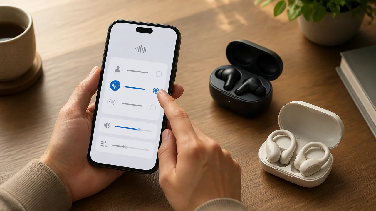 Hands adjusting iPhone audio settings with two wireless earbuds cases on table