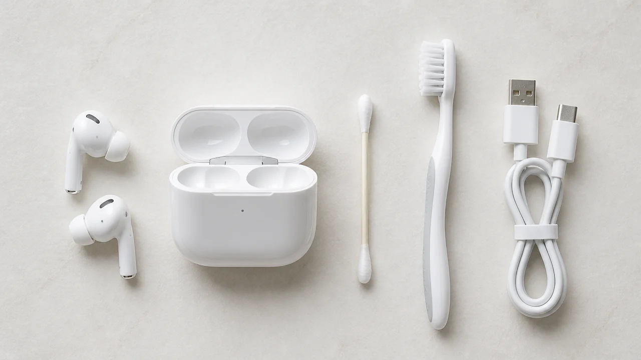 Wireless earbuds and open charging case with cotton swab, toothbrush, and charging cable