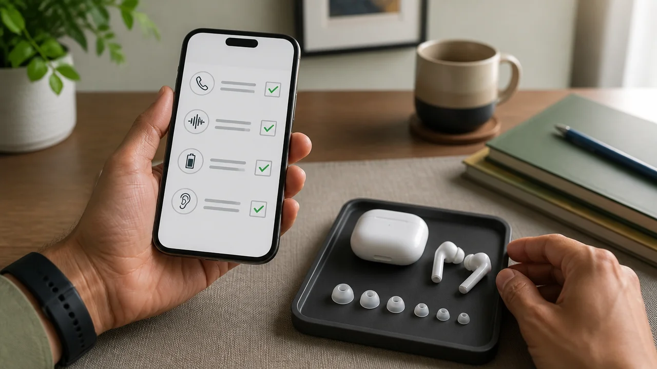 Hands holding an iPhone with a checklist next to wireless earbuds and different ear tips